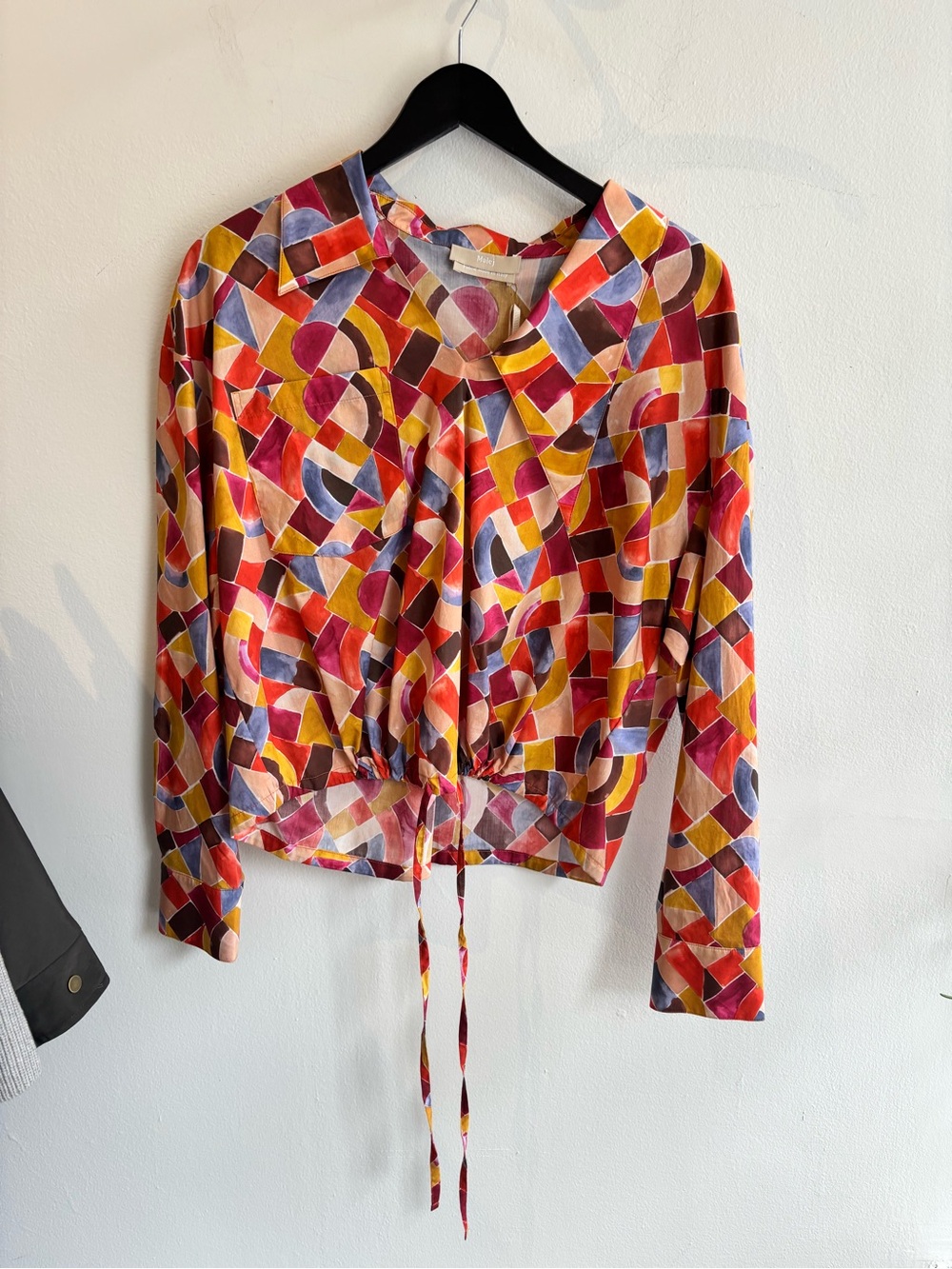 Geometric Drawstring Blouse in Red, Yellow & Purple